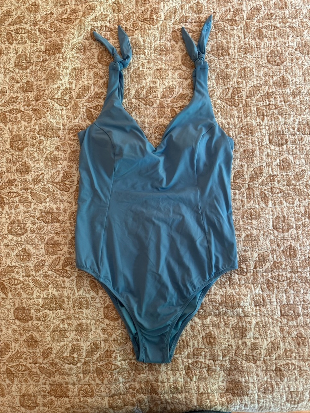 Lands’ End Women's Tie Shoulder Blue V-neck High Leg One Piece Swimsuit